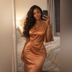Glamorous One Shoulder Satin Dress in Copper